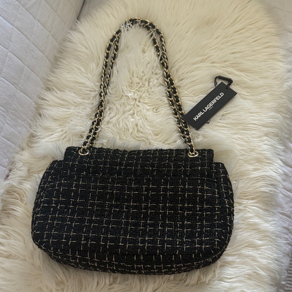 Karl Lagerfeld Black and Gold Tweed Shoulder Bag - Picture 4 of 4